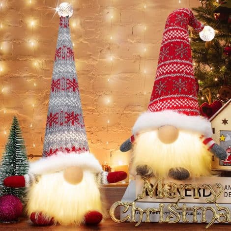 Twinkling Scandinavian Gnome Santa Decorations, Illuminated Handmade Plush Elf Holiday Gift, Perfect Tabletop Christmas Decorations.