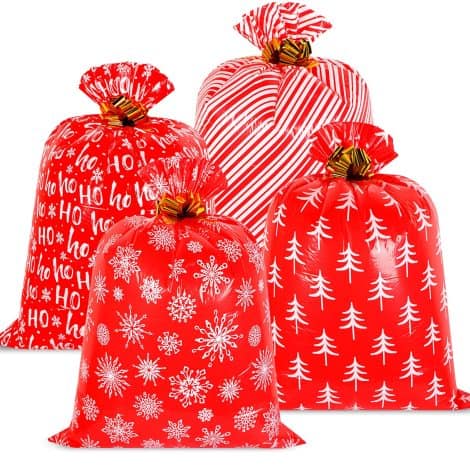 4 Large Christmas Gift Bags with Gold Pull Flowers, Perfect for Holiday, Baby Shower, and Birthdays. (Red, White)