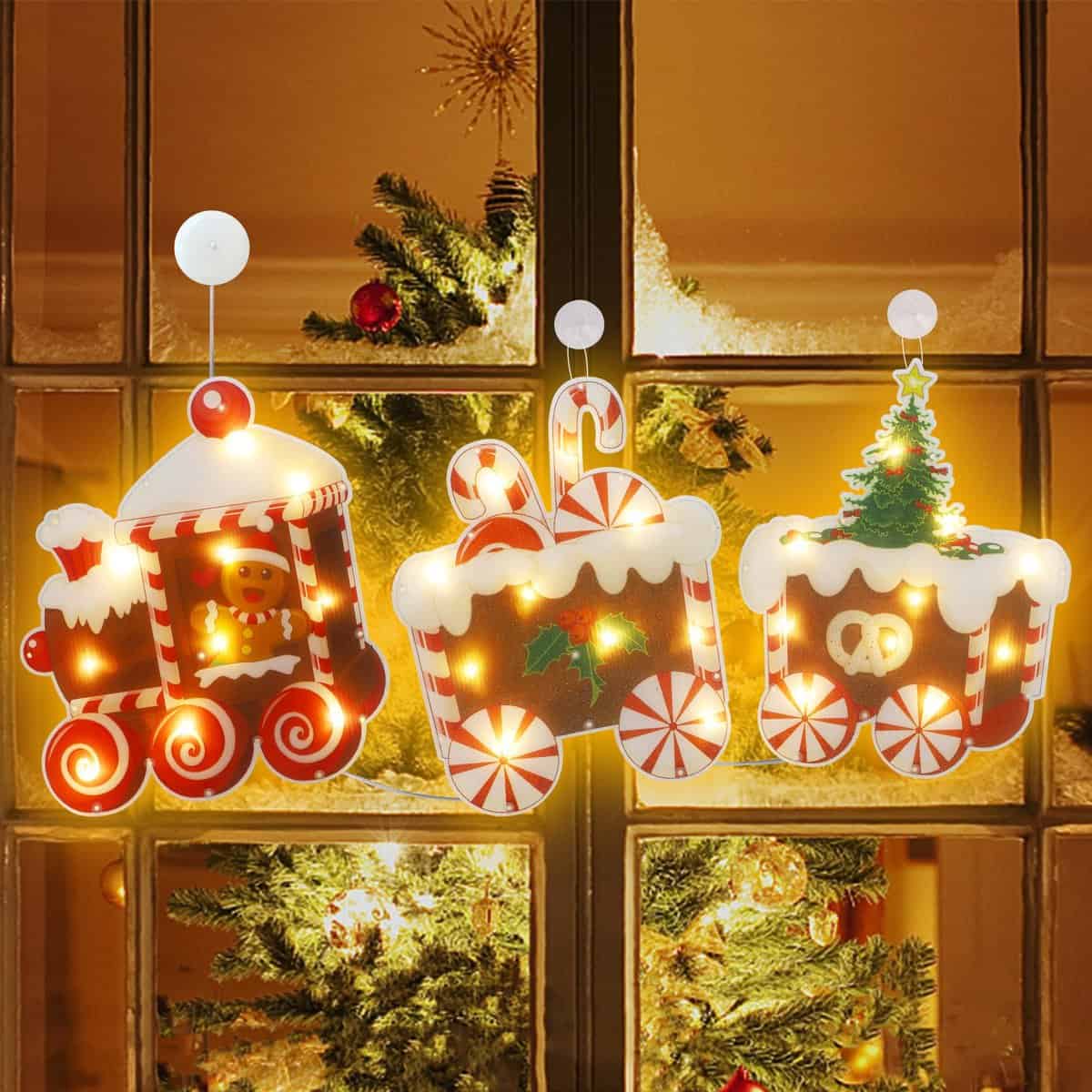 Prsildan Christmas Window Lights Decorations, Xmas Decor Window Hanging Lights, Gingerbread Man Train with Suction Cup Battery Powered, Lighted Hanging Decor for Party Window Display(Size: 36"x15")