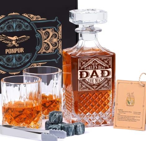 PONPUR Men’s Gifts, Whiskey Decanter Set with 2 Glasses, Cool Dad Birthday Gift from Daughter/Son, Father’s Day/Christmas Present.