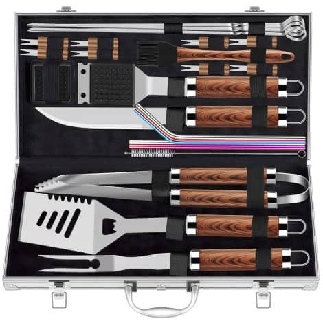 ROMANTICIST 25-piece Grill Tool Set: Premium stainless steel BBQ utensils in a sturdy aluminum case – ideal gift for guys!