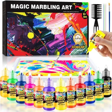 Titoclar Art and Craft Kit: Fun water marbling paint set for creative kids ages 8-12. Perfect gift for boys and girls 4-12.