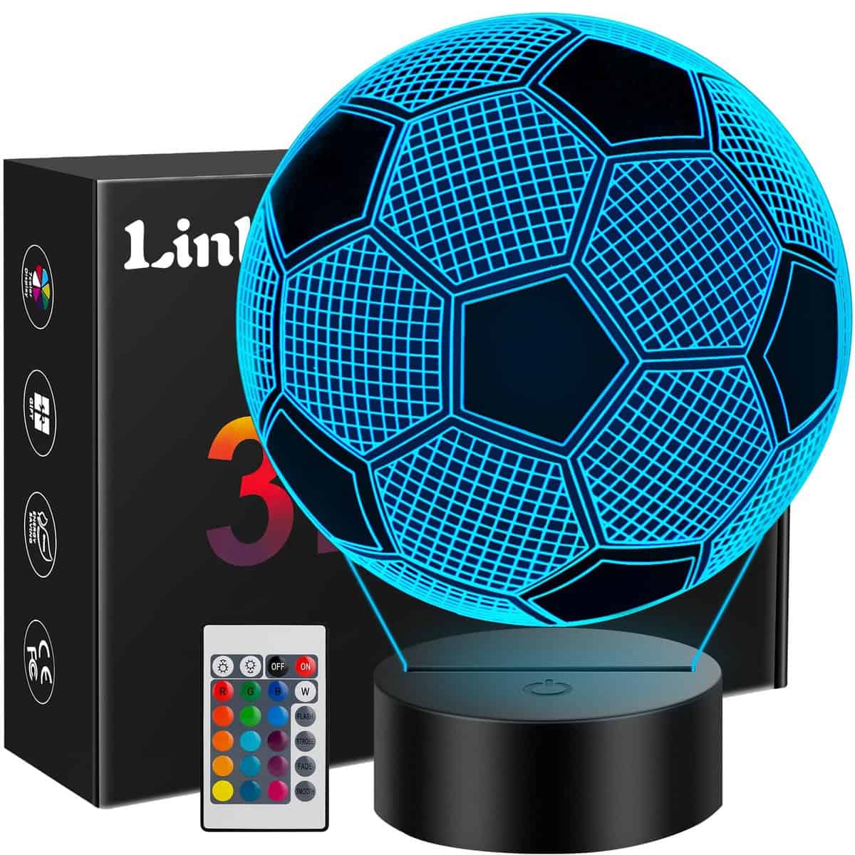 Linkax Soccer Gifts for Kids Boys Girls, Christmas Gifts for Kids, 3D Illusion Soccer Night Light Lamp Toys with Remote Control 16 Colors Changing, Soccer Accessories Stuff for Sport Fan Room Decor