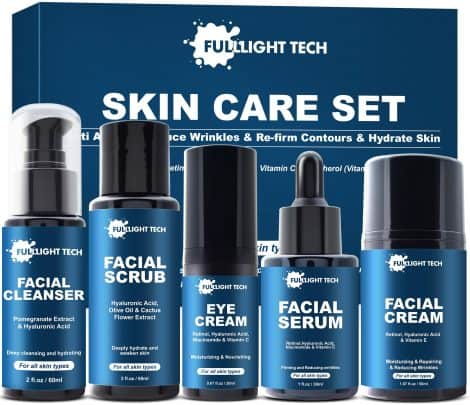 Men’s skincare set to fight signs of aging, including cleanser, scrub, cream, serum, and eye cream, perfect for gifting.