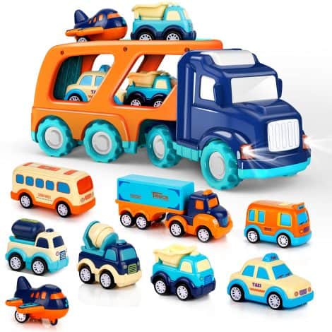 “Transporter Truck Gift Set with 9 Cars for Toddlers, featuring Lights, Sounds, and Cute Pull Back Trucks.”