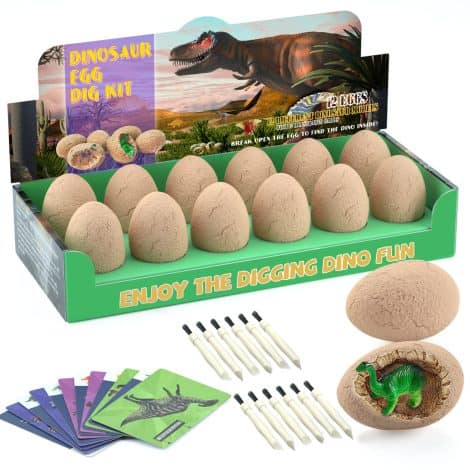 Dino Egg Dig Kit: Uncover 12 Adorable Dinos – STEM Digging Activity – Perfect B-Day Present for Kids.