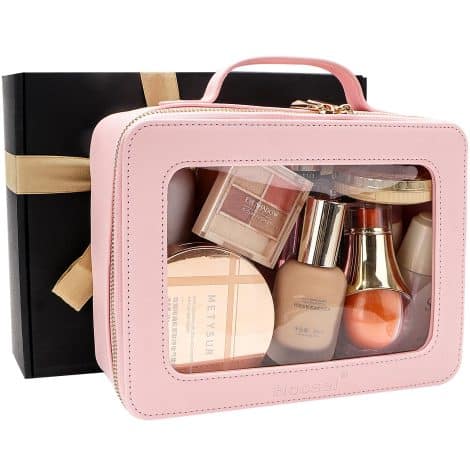 Pink Waterproof Makeup Bag Organizer, Perfect for Traveling, with Transparent Vinyl Zipper, Great Gift for Women.