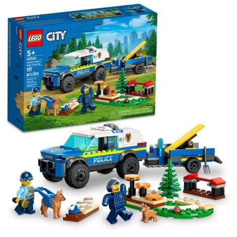 LEGO City Police Dog Training Set with SUV, Trailer, Obstacle Course, and Cute Puppy Figures. Perfect for kids 5+.