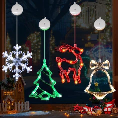 Festive Window Décor: 4 Holiday-themed Window Lights (reindeer, Christmas tree, snowflake) with suction cups and batteries. Perfect for New Year!