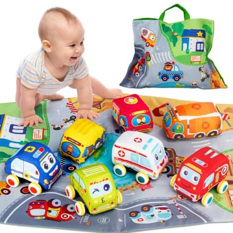 These baby car toys are perfect birthday gifts for 1-year-old boys. Set includes 7 soft vehicles.