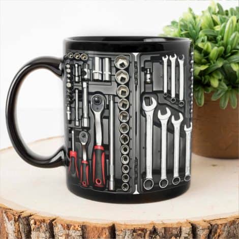 Hilarious 11 oz. coffee mug gift set shaped like a toolbox, perfect for auto/car mechanics.