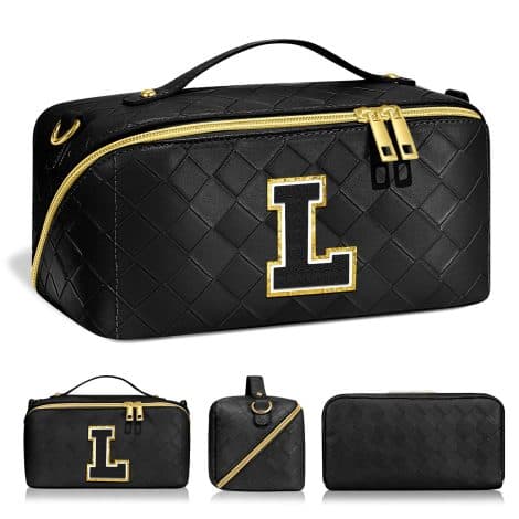 Women’s personalized black cosmetic travel bag with strap and large initial lettering – perfect birthday gift.