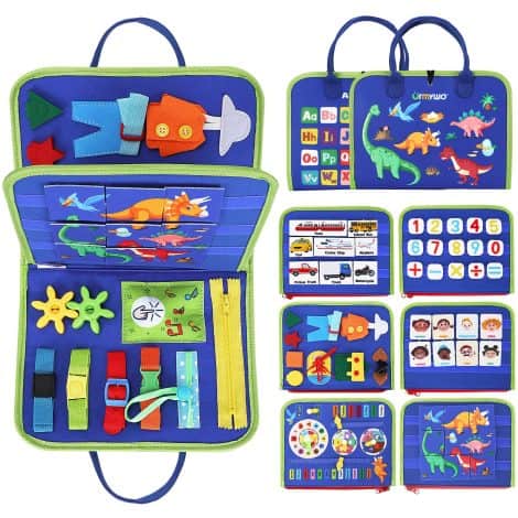 Travel Busy Board: Montessori learning toy for 1-4-year-olds with alphabet, numbers, animals; perfect for car and plane trips.