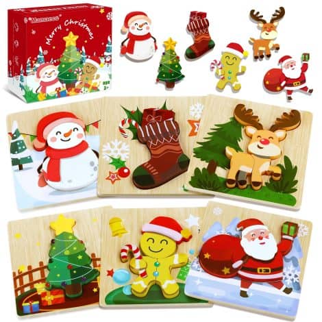 “Christmas-themed wooden puzzles (6-pack) – perfect stocking stuffers for boys and girls aged 1-3.”