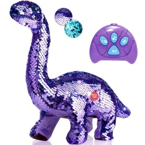 Purple Koonie Remote Control Dinosaur Toy with Reversible Sequins – Perfect Gift for 2-7 Year Old Girls.