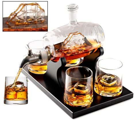 Barrel-style Whiskey Decanter Gift Set, perfect for men who enjoy bourbon. Includes 4 glasses. Made by Bezrat.