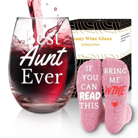 Funny wine glass and sock set for Aunt, perfect for white elephant or secret Santa gift.