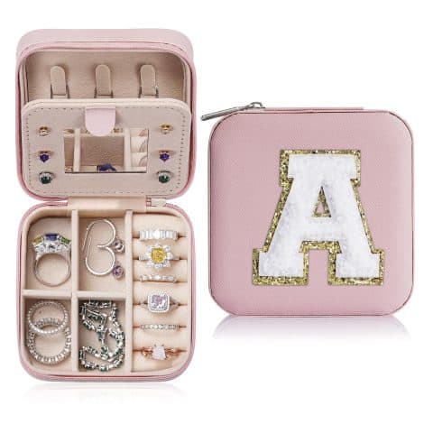 Christmas 2023 – Stylish Travel Jewelry Holder, Customizable Pink Box for Women, Teens: Initial Jewelry Case.