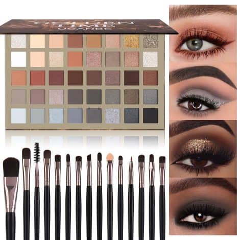 UCANBE Natural Eyes Palette + 15 Brushes Set, 40 Shades, Matte Shimmer Glitter Shadows for American makeup lovers.