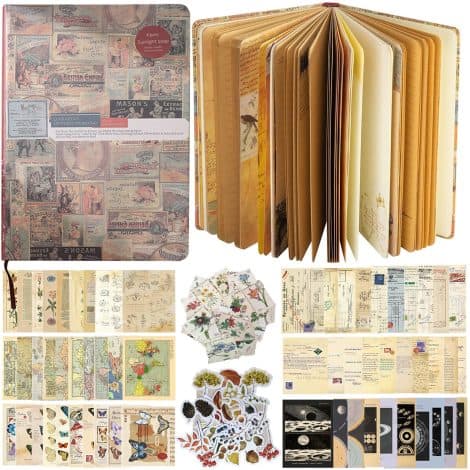 Vintage Junk Journal Notebook for Women – Aesthetic, Blank Bullet Journal with Scrapbook Paper and Stamp Stickers.