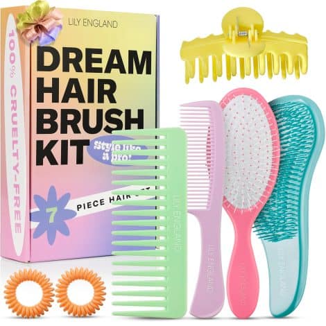 LILY ENGLAND Stylish Hair Brush Set, 7-Piece Collection including Detangler Brush, Wet Brush, Comb, Hair Ties & Claw Clip – Adorable Teen Girl Presents & Christmas Gift Suggestions – Perfect Stocking Fillers for Ladies.