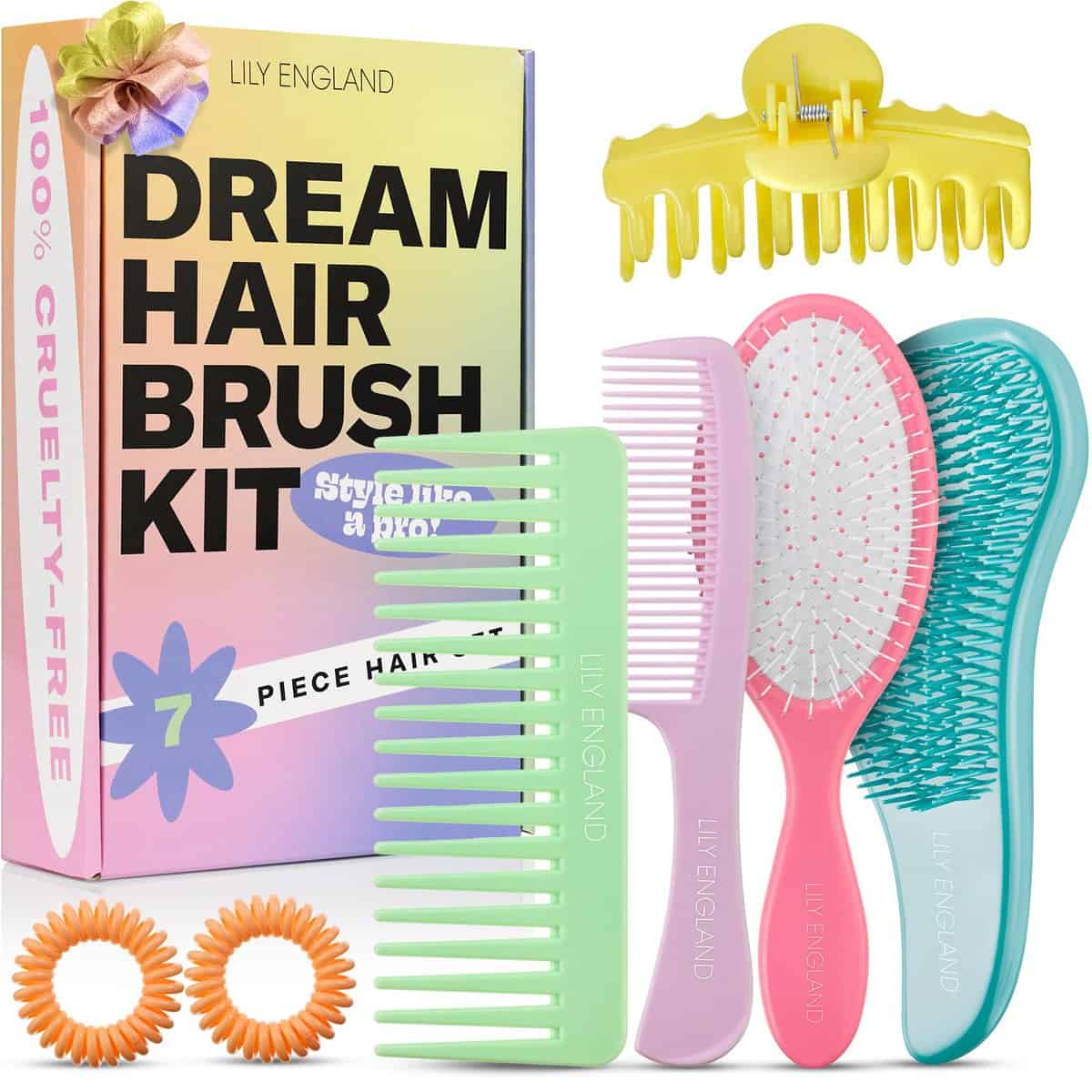 LILY ENGLAND Trendy Hair Brush Set, 7-Piece Kit with Detangler Brush, Wet Hair Brush, Comb, Hair Ties & Claw Clip - Cute Teen Girl Gifts & Christmas Gift Ideas - Stocking Stuffers for Women