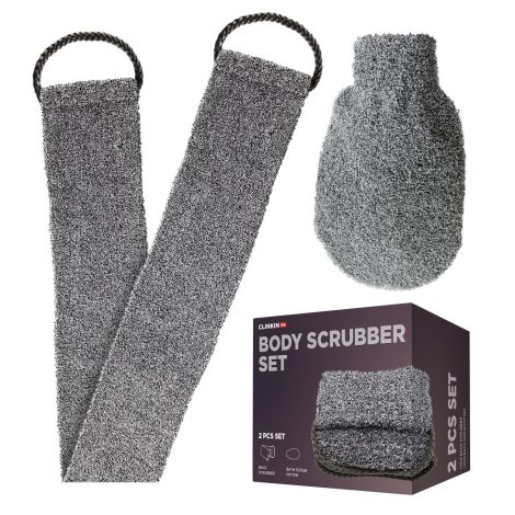 A set of 2 shower scrubbers – mitt and body scrubbers with handle, perfect for self-care. Great for beauty and personal care.