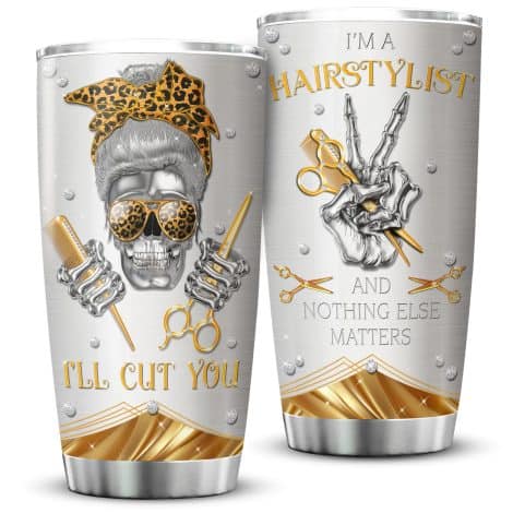 ZOXIX Stylist Tumbler: Trendy steel cup with bandana skull and leopard print design, perfect hairdresser gift.