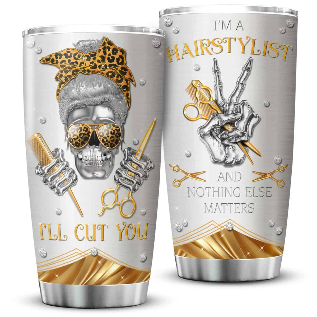 ZOXIX Hairstylist Tumbler Cup Jewelry Style Bandana Skull Leopard Print Cup Stainless Steel Tumblers With 20oz Hairdresser Gifts For Women Funny Travel Mug Hairdressing Gift