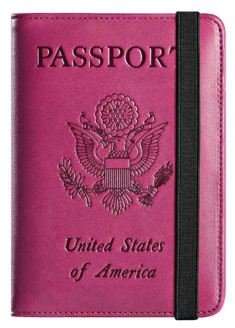 Essential travel item for women and men. Stylish purple leather passport holder with RFID blocking.