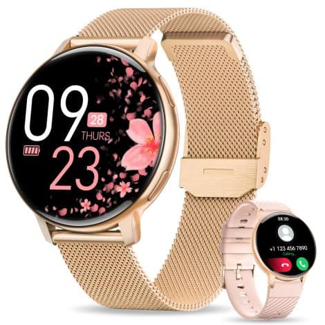 DEKELIFE Rose Gold Smart Watch for Women, a versatile fitness tracker with built-in phone functions.