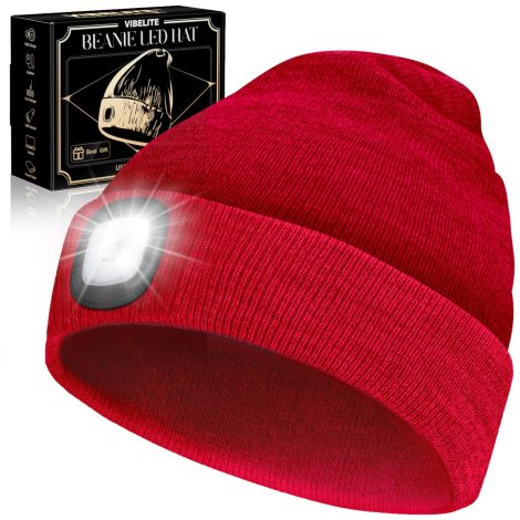 Red LED Beanie Hat with Rechargeable Headlamp – Perfect Christmas gift for men, husband, boyfriend, dad.