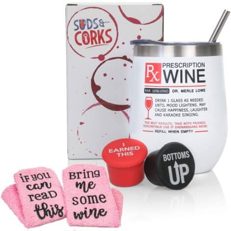 Wine Lover’s Delight: A perfect gift for special occasions, including cozy socks, a funny tumbler, and stoppers.