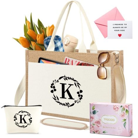 Personalized Floral Initial Straw Tote Bag with Makeup Bag – Perfect Birthday & Bridal Shower Gift.