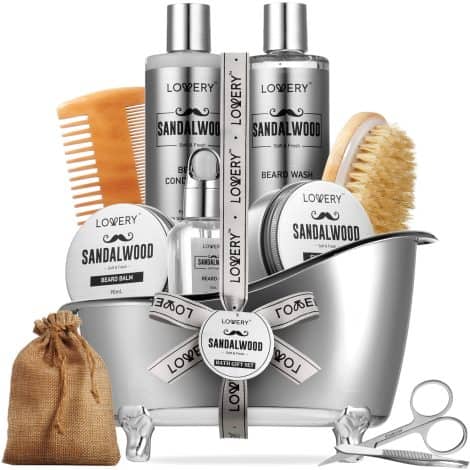 Beard Care Set: Sandalwood grooming kit for men, perfect Christmas gift for dad, boyfriend, or him. Includes 11pc straightener, growth oil, and more.