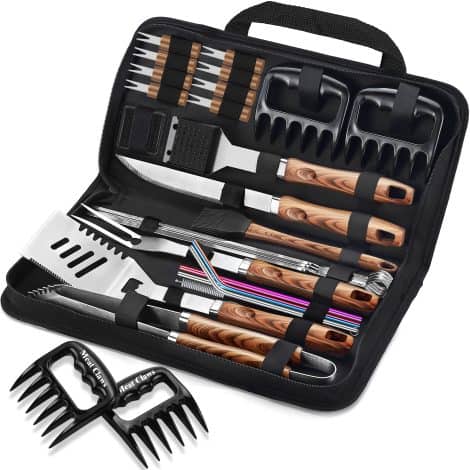 27-piece BBQ tool set with durable stainless steel utensils, meat claws, and portable carrying bag. Perfect for camping and backyard grilling.