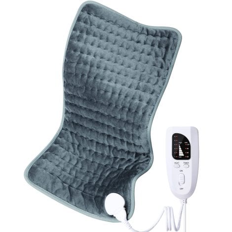 Relieve pain with an extra large, gray electric heating pad for back, shoulder, neck, knee, and leg.