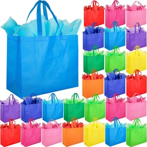 30 large goodie bags with tissues – reusable treat tote bags with handles for kids’ events and parties.