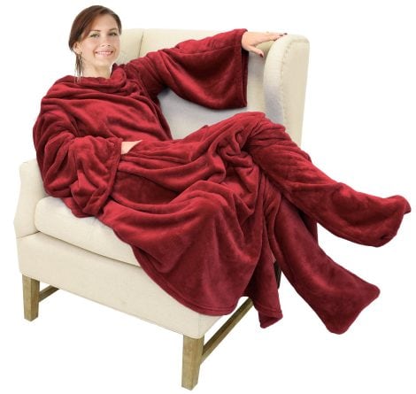 Cozy up in the Catalonia Wearable Fleece Blanket with Sleeves and Foot Pockets, perfect for adults. (14 words)