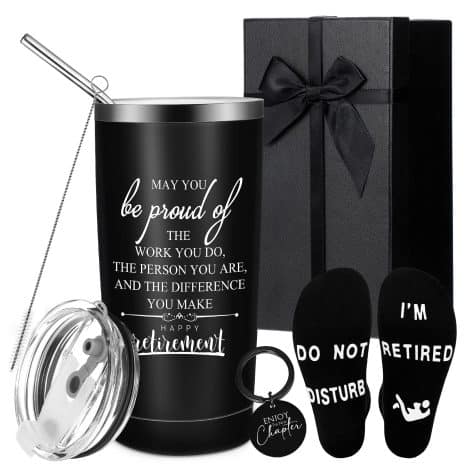 Sabary Set of 4 Retirement Gifts for Men includes a stainless steel mug, funny socks, keychain, and gift box. Perfect for a coworker, dad, or officer starting the next chapter.