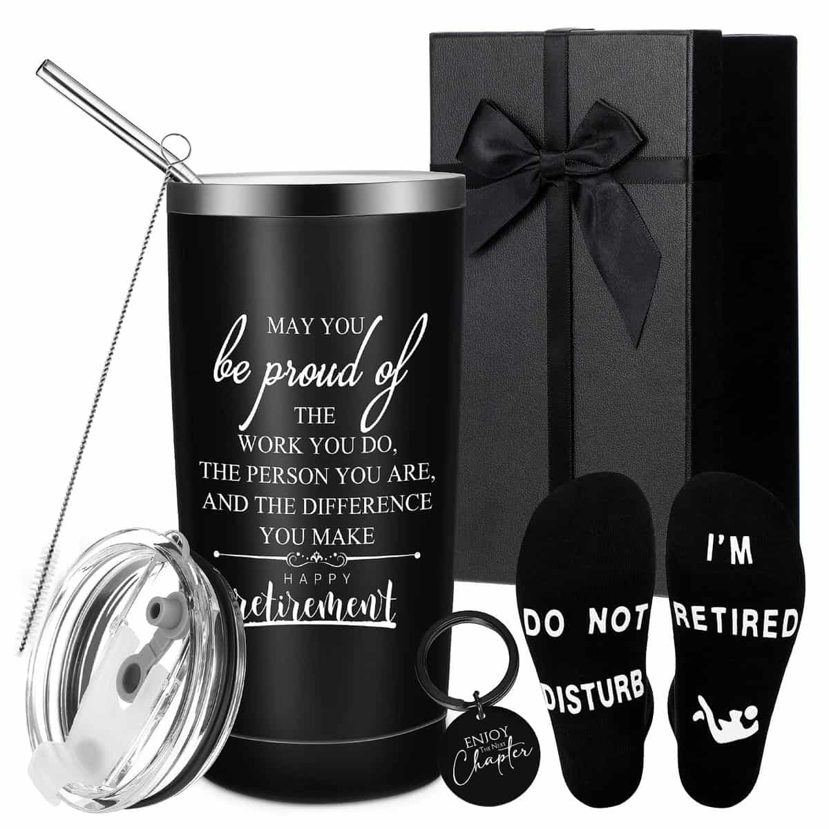 Sabary Set of 4 Retirement Gifts for Men 20 oz Stainless Steel Travel Coffee Mug with Lid Straw and Brush Funny Retirement Socks Enjoy the Next Chapter Keychain Retirement Gifts Box for Coworker Dad Officer