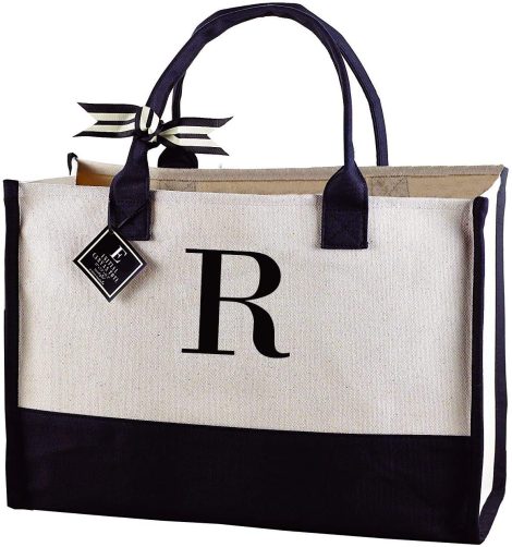 “Stylish Black and White Monogrammed Canvas Tote Bags by Mud Pie, made with 100% Cotton!”