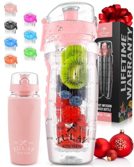 Zulay Kitchen 34 oz Big Fruit Infuser Water Bottle with Sleeve & Slip-Resistant Grip – Perfect Gym/Camping Gift.