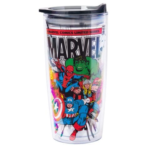 20oz Silver Buffalo Retro Marvel Avengers Double Wall Travel Tumbler with Spider-Man, Captain America, Thor, Hulk, and Iron Man.