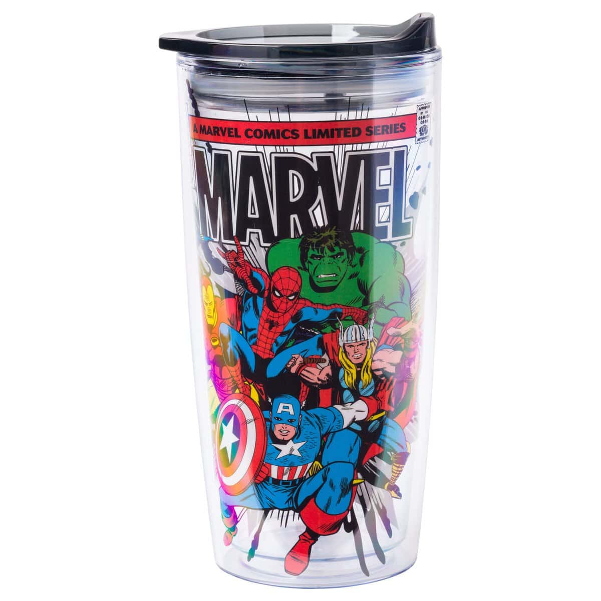 Silver Buffalo Retro Marvel Comics Avengers Double Wall Travel Tumbler with Slide Close Lid Spider-Man, Captain America, Thor, Hulk, and Iron Man, 20 Ounces