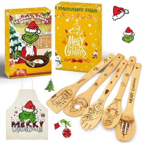 Christmas-themed Grinch kitchen decor set for both men and women, including 6 bamboo utensils and an apron.