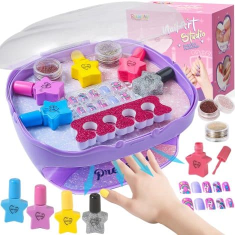 Purple Girls Nail Polish Set with Nail Dryer, Glitter, Fake Nails and Nail Care – Perfect Birthday Gift!