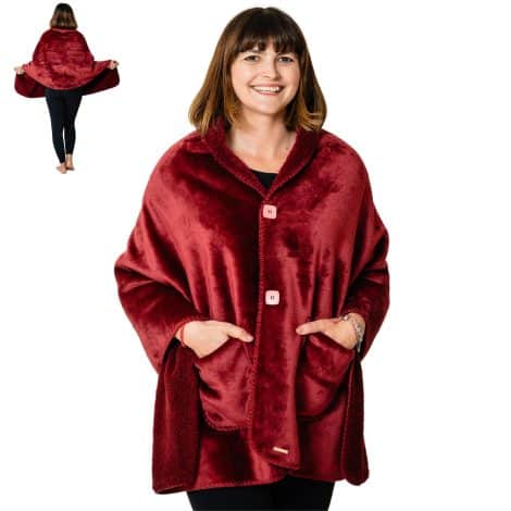 Elevate your coziness with the EzrAllora Double Layer Poncho Blanket in Burgundy – perfect gift for moms and grandmas!