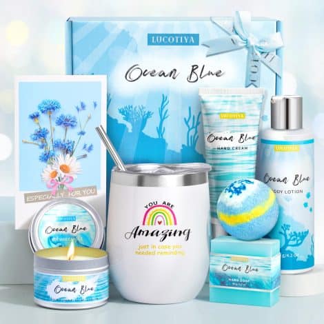 LUCOTIYA Birthday Spa Gift Set: 7 luxury self-care items with a refreshing ocean scent, perfect for women.