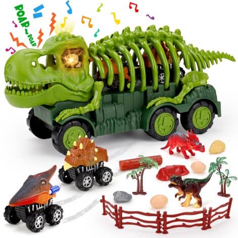 Dino Transport Carrier: Fun dinosaur trucks toy set with sound, lights, dino figure, eggs, and monster truck game. Perfect birthday gift!